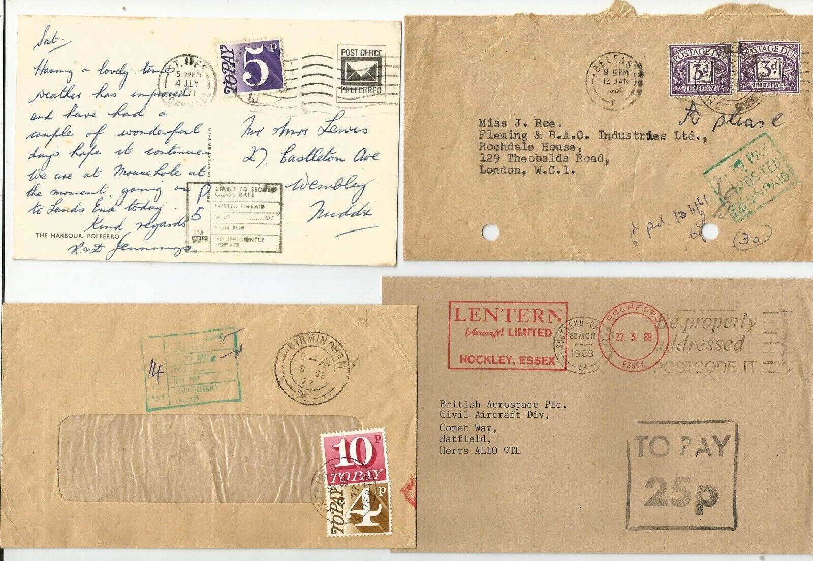 Gb 5 Covers 1961-89 Postage Due Stamps, Posted Unpaid, To Pay And Other Marks On