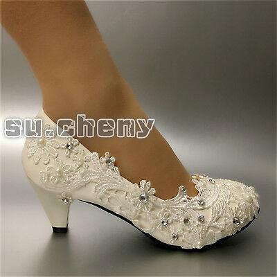 Su.cheny Lace White Ivory Crystal Flats Wedge Heels Pump Wedding Bridal Shoes