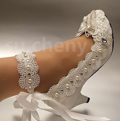 Su.cheny White Ivory Heel Lace Bow Crystal Pearl Wedding Shoes Bride Size 5-12