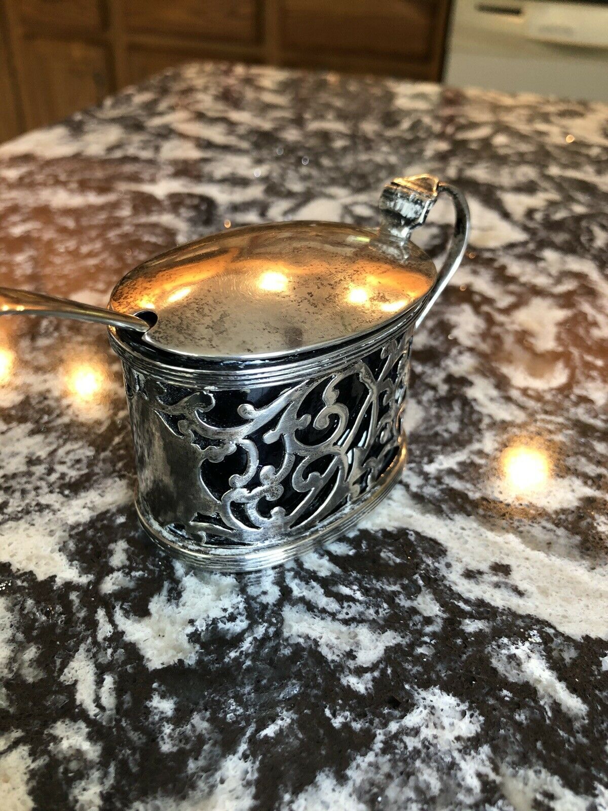 Vintage Sterling Silver Mustard Pot With Cobalt Glass Liner W/ Spoon
