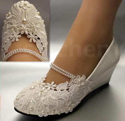 Su.cheny White Light Ivory Lace Wedding Shoes Flat Heel Wedges Bridal Size 5-13