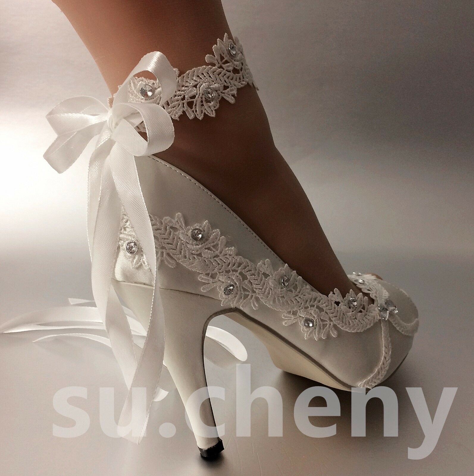 Su.cheny 3" 4" Heel Satin White Ivory Lace Ribbon Anklet Open Toe Wedding Shoes