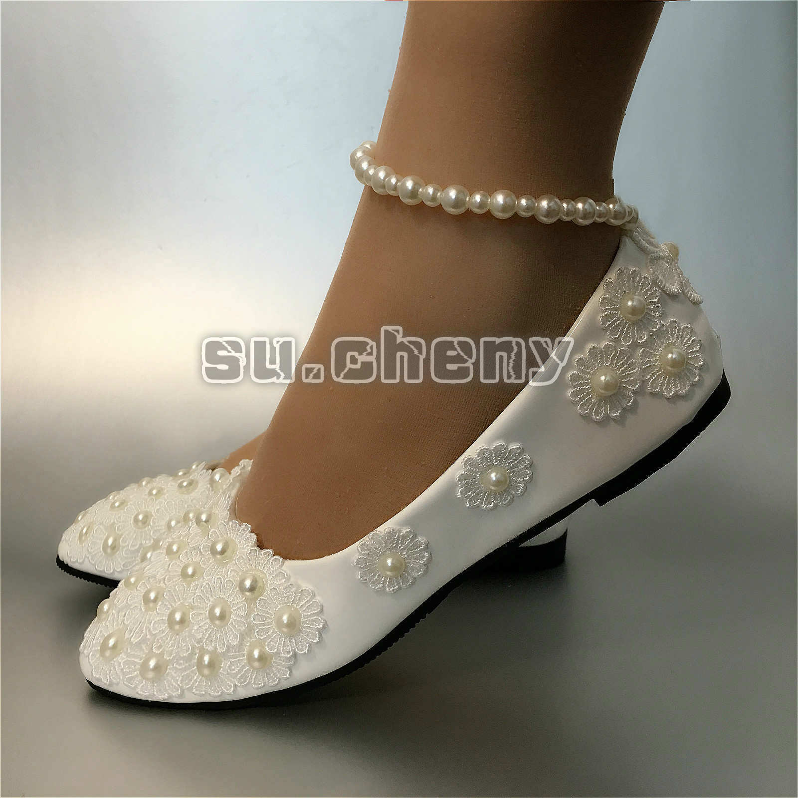 Su.cheny White Lace Pearls Ankle Trap Flats Low High Heels Wedding Bridal Shoes