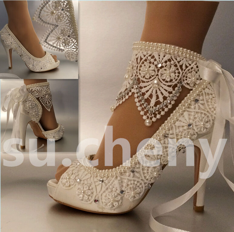 Su.cheny 3" 4" Heel Satin White Ivory Lace Anklet Open Toe Wedding Bridal Shoes