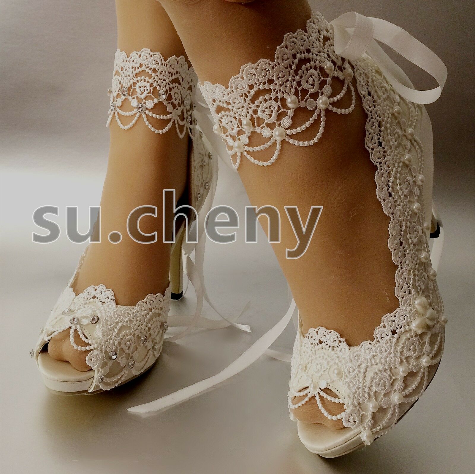 Su.cheny 3" 4” Heel White Ivory Satin Lace Ribbon Peep Toe Wedding Bridal Shoes