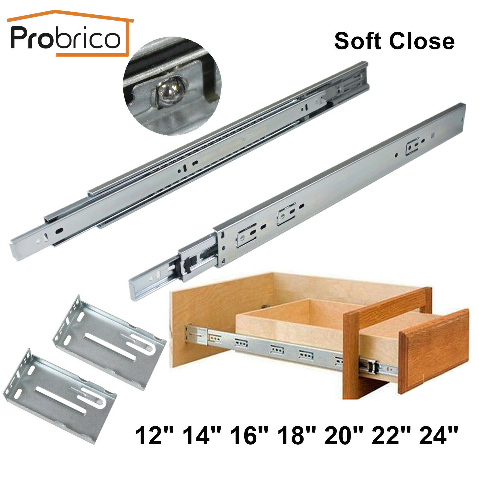 Probrico Soft Close Full Extension Drawer Slides Ball Bearing Side Or Rear Mount